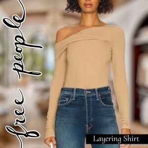 FREE PEOPLE Addie Long Sleeve Asymmetrical Twist Off Shoulder Fitted Top-Lg/NWT